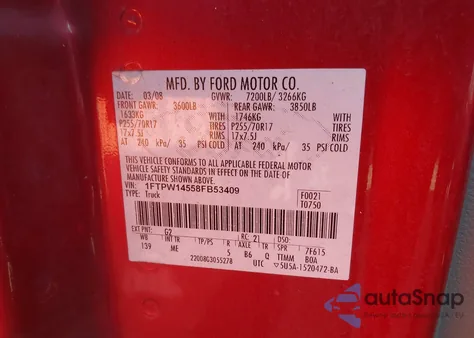 2008 Ford F-150 60Th Anniversary/Fx4/King Ranch/Lariat/Limited/Xlt from USA, damaged, VIN 1FTPW14558FB53409